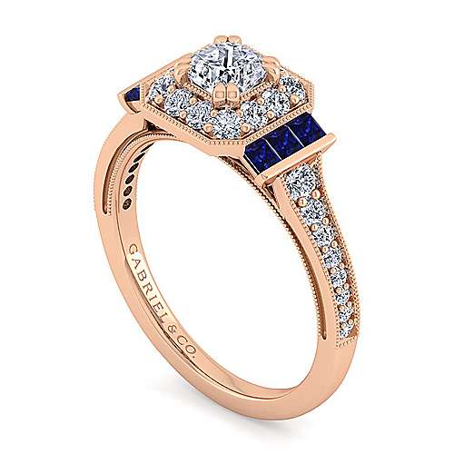 14K Rose Halo Vintage Inspired 14K Rose Gold Cushion Halo Diamond and Sapphire Engagement Ring Surrey Vancouver Canada Langley Burnaby Richmond