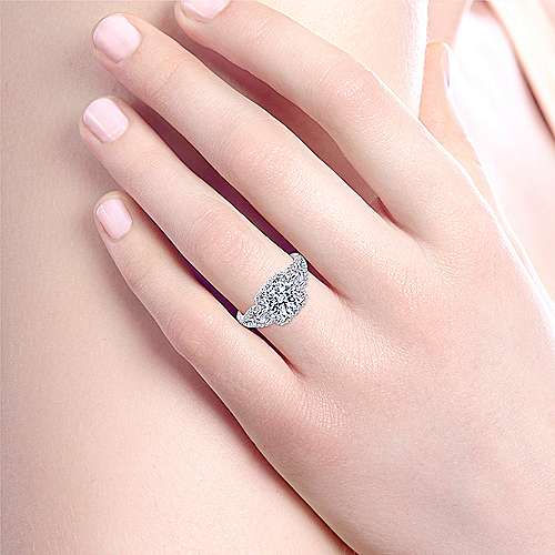 14K White Three-stone halo 14K White Gold Round Halo Diamond Engagement Ring Surrey Vancouver Canada Langley Burnaby Richmond