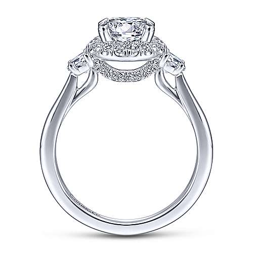 14K White Three-stone halo 14K White Gold Round 3 Stone Halo Diamond Engagement Ring Surrey Vancouver Canada Langley Burnaby Richmond