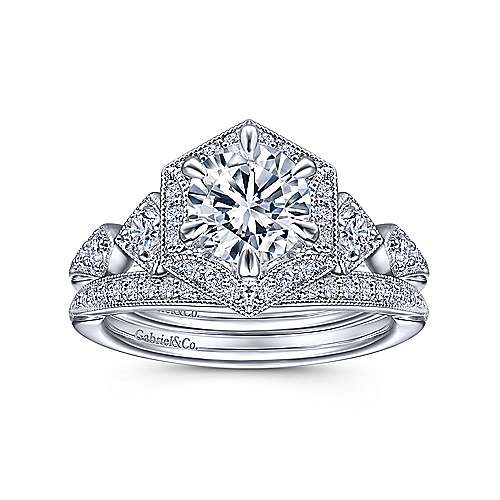 14K White Halo Art Deco 14K White Gold Hexagonal Halo Round Diamond Engagement Ring Surrey Vancouver Canada Langley Burnaby Richmond