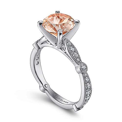 14K White Straight Vintage Inspired 14K White Gold Round Morganite and Diamond Engagement Ring Surrey Vancouver Canada Langley Burnaby Richmond