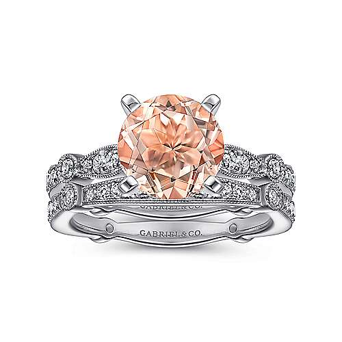 14K White Straight Vintage Inspired 14K White Gold Round Morganite and Diamond Engagement Ring Surrey Vancouver Canada Langley Burnaby Richmond